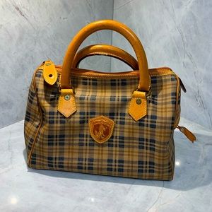 Kirino Collection plaid tan and navy leather bag roomy with inside pocket